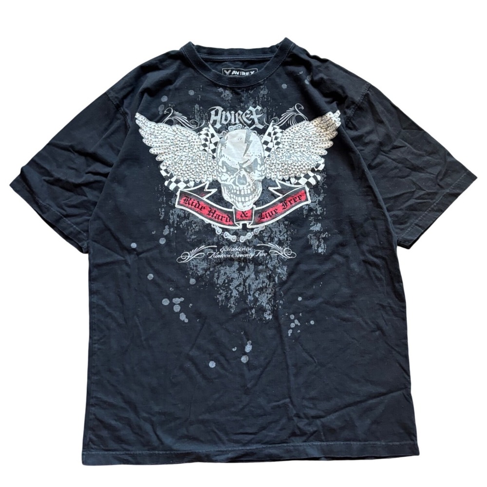 Y2K Avirex Ride Hard Live Free Grunge Skull T Shirt XL